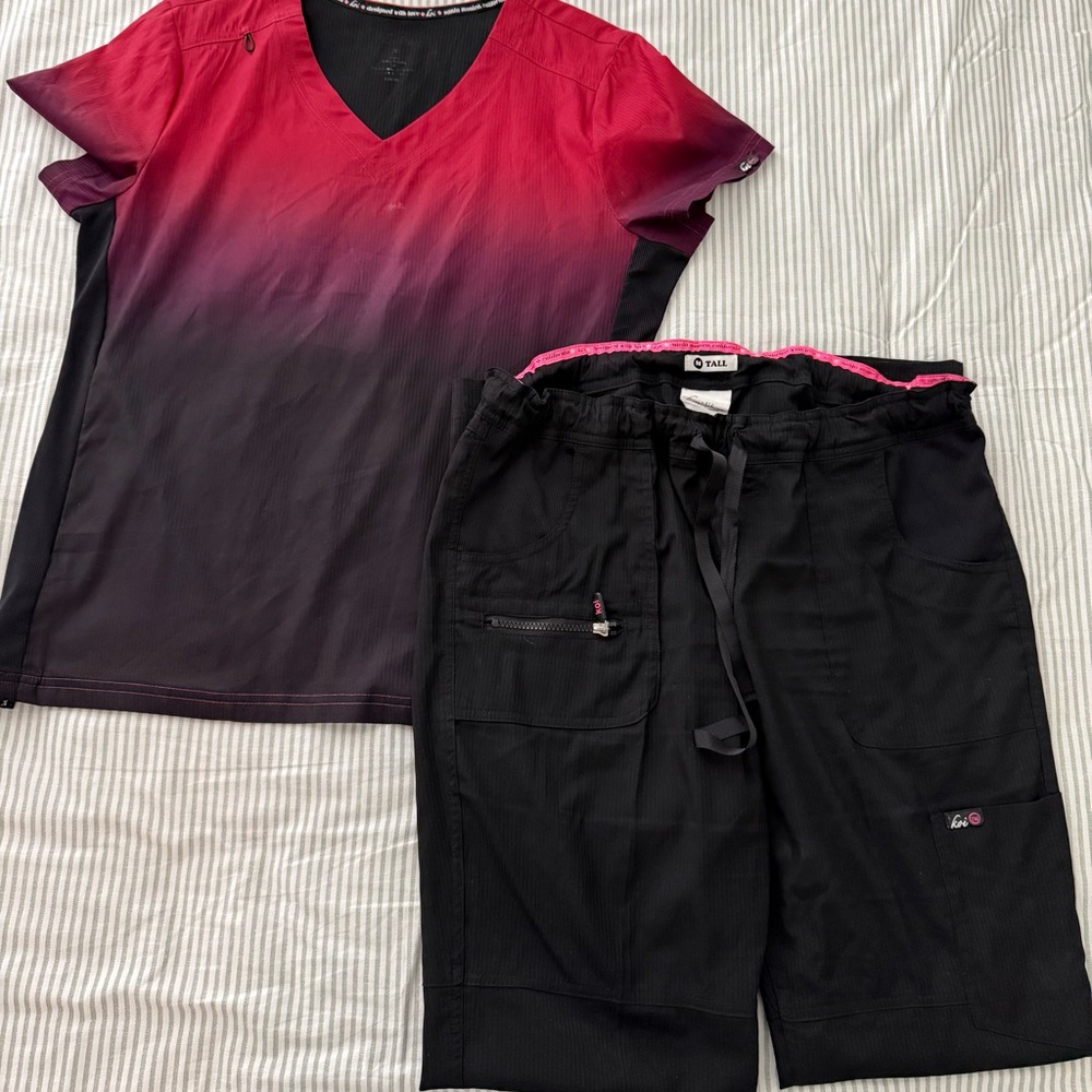 Red and Black Gradient Top with Black Shorts